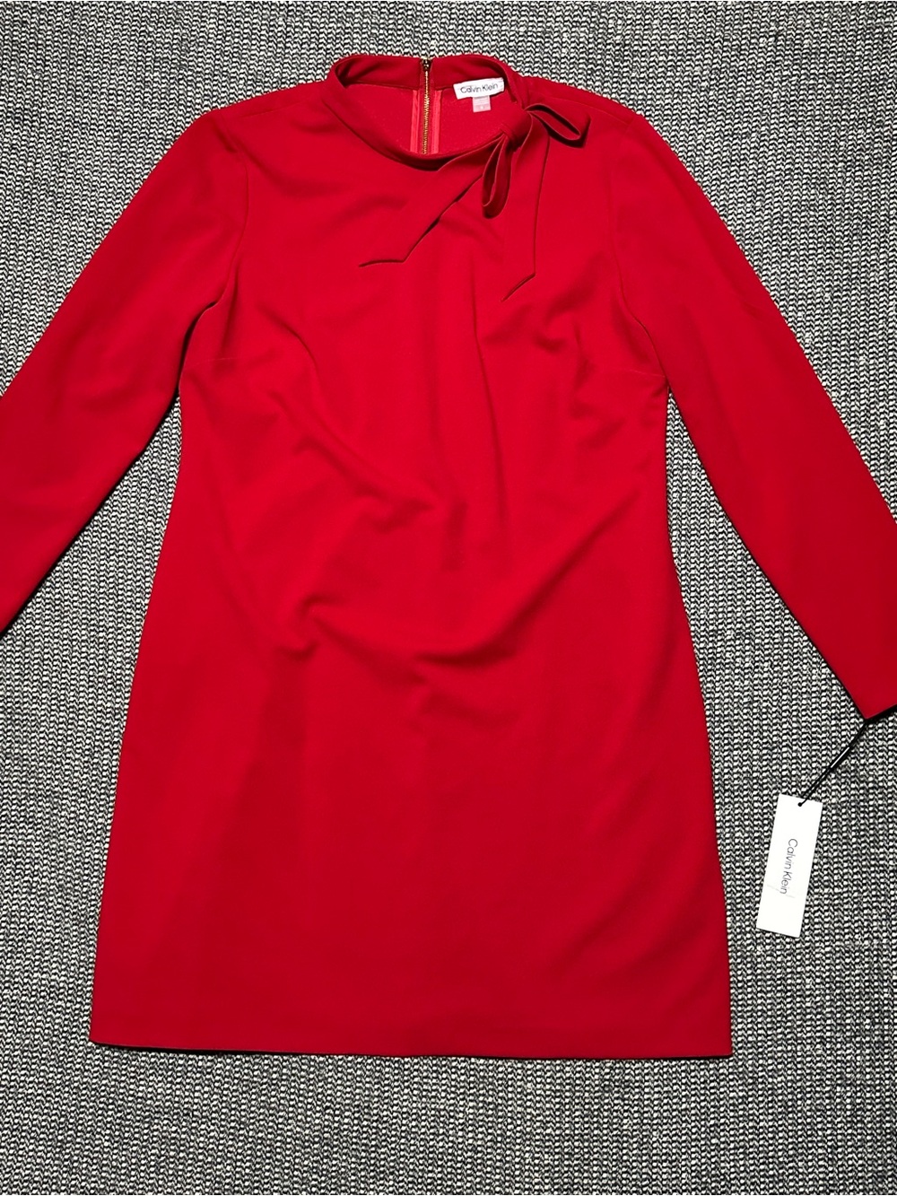 Calvin Klein Bright Red Long-Sleeve Shift Dress with Neck Tie